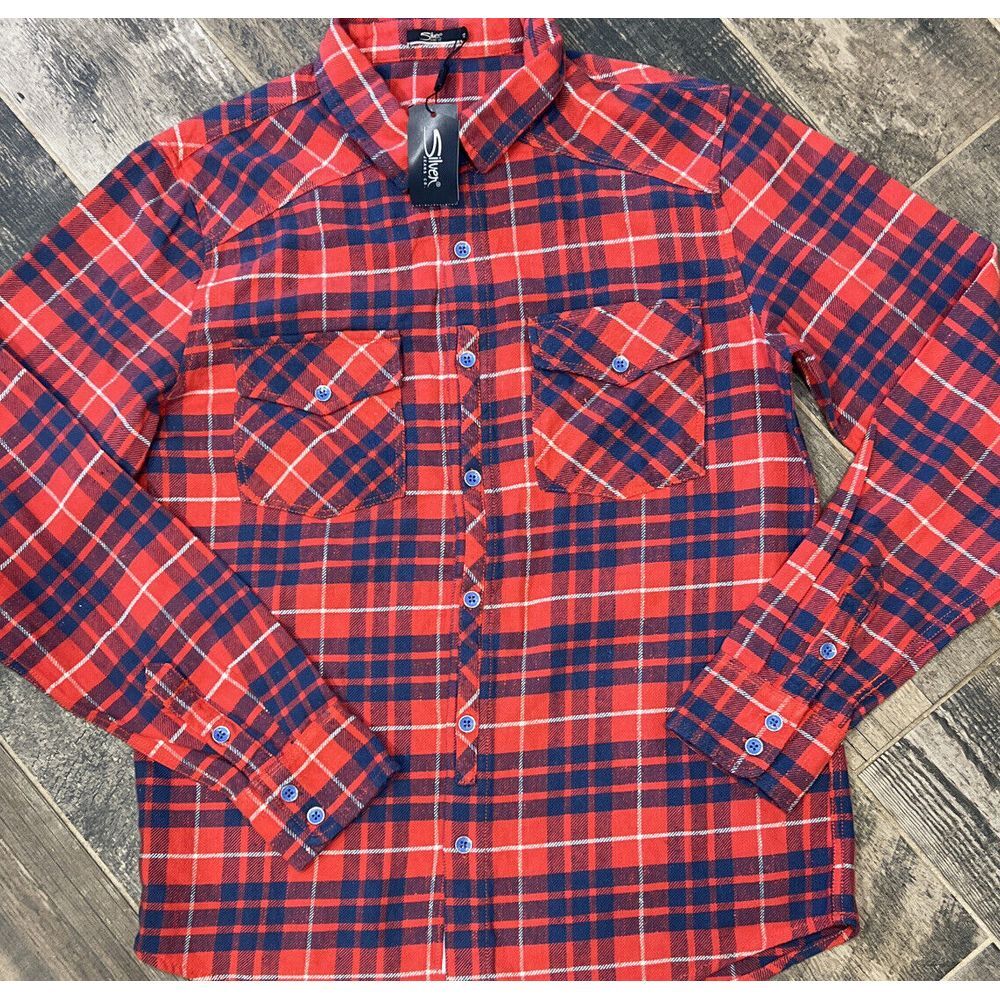 NEW Silver Jeans Co Men's Red Plaid Long Sleeve Button‎ Shirt Cotton Size Small